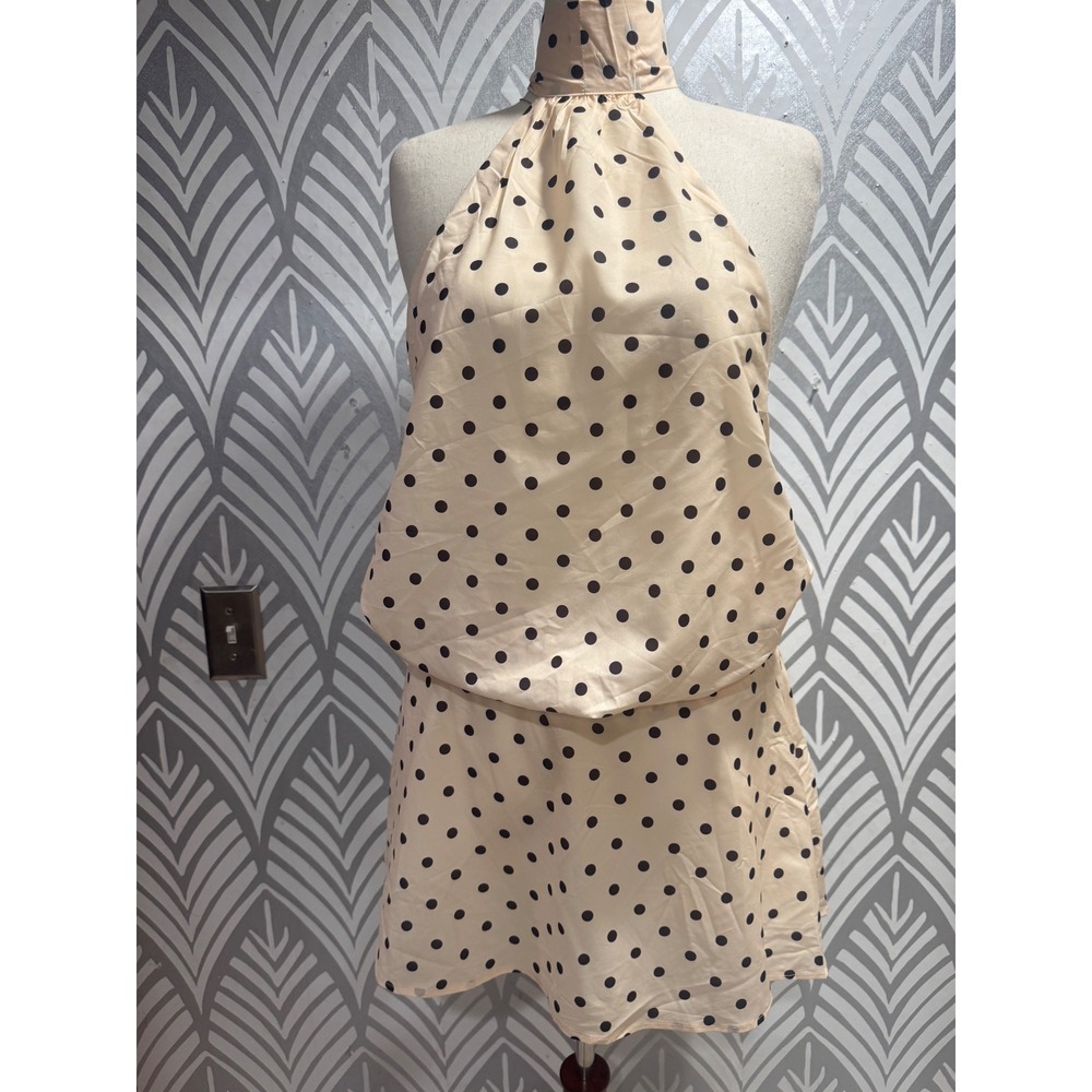 Polka Dot Natalea halter Mini Dress Romper Backless Tie Neck Peach Brown 10 - Picture 7 of 7